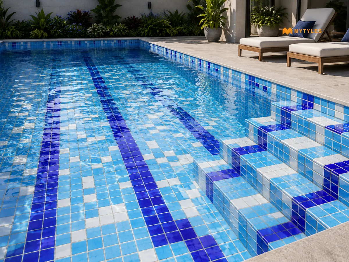 Blue White Swimming Pool Mosaic Floor